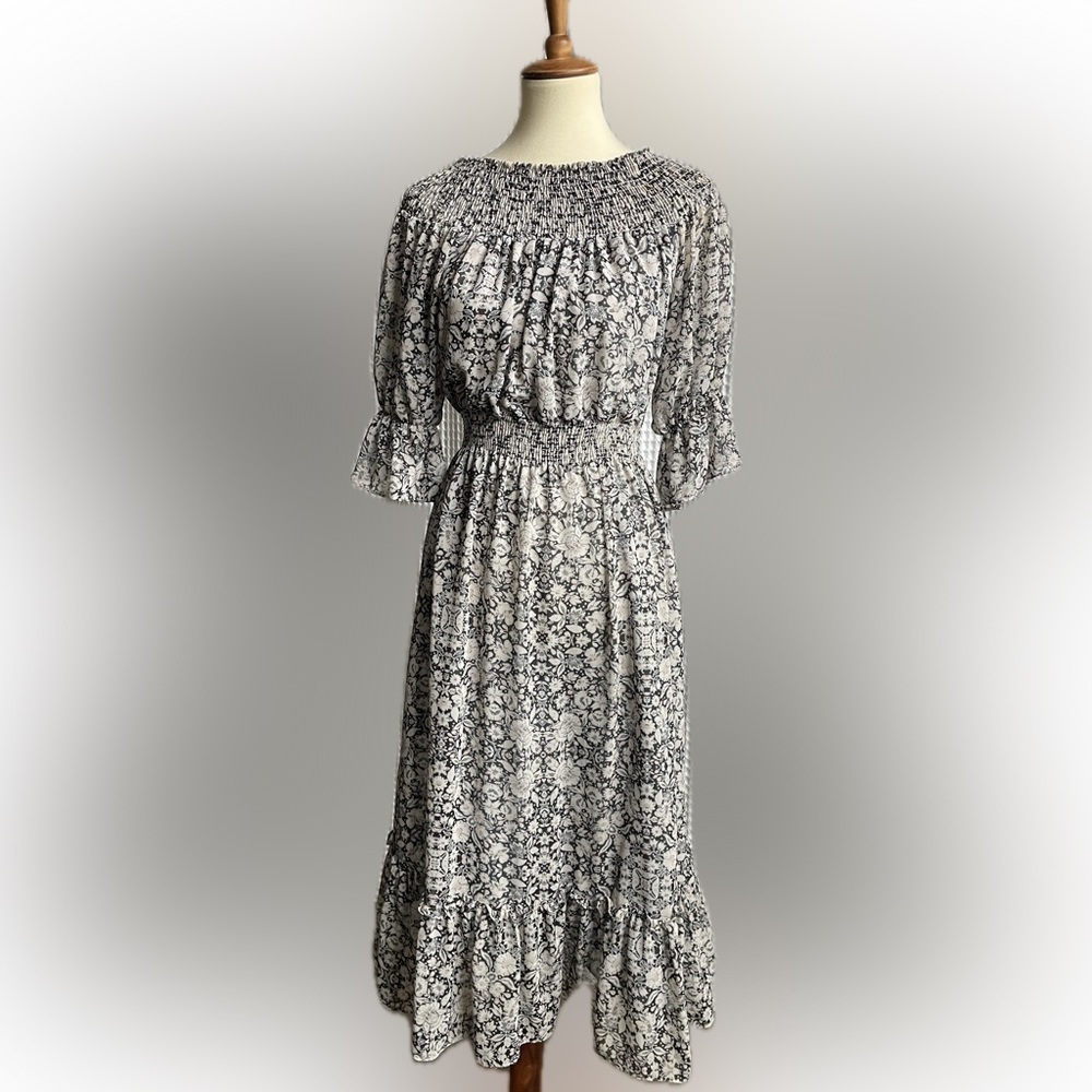 MISA LOS ANGELES On/Off Shoulder Black& Beige Floral Print Midi Length Dress MED